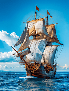 一艘帆船比赛的木船船长独自航行在蓝色的大海中