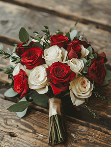 奶油色摄影照片_木地板上摆放着红色和奶油色玫瑰的婚礼花束