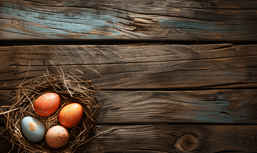 质朴的木质背景上鸟巢里的复活节彩蛋