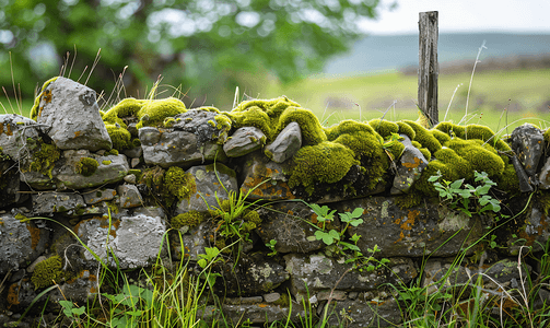 长满绿色青苔的旧石栅栏