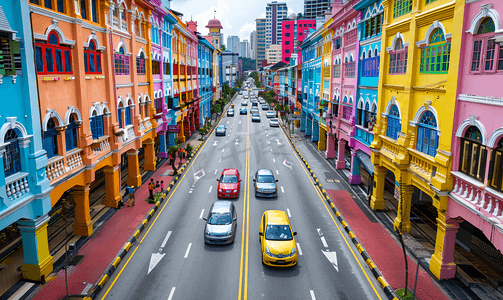 马来西亚吉隆坡色彩缤纷的街道小巷高空景观