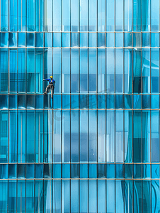 两名工人清洗现代建筑的窗户