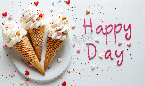 心形饼干冰淇淋上面刻着“快乐的一天”