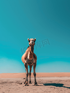 骆驼站在陆地上背景是湛蓝的天空