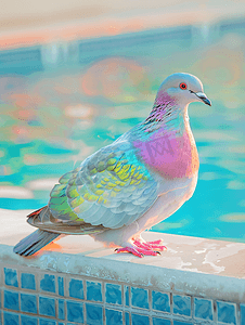 边上有凸起得纸摄影照片_泳池边上漂亮彩色鸽子的特写照片