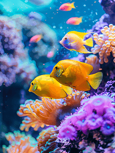 水族鱼摄影照片_水族馆中色彩斑斓的小鱼明亮的珊瑚礁水下生活