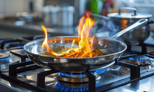 燃气灶上的煎锅着火正在准备菜肴