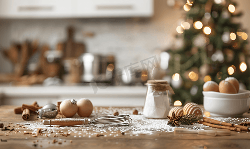 厨房桌子背景是烘焙工具、肉桂和圣诞树
