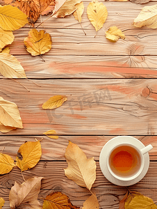 木制背景横幅上有一杯茶或咖啡的秋叶