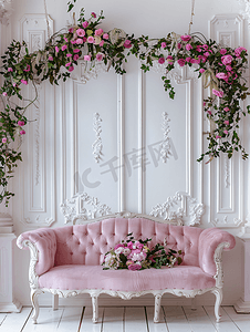 古典房间里摆着柔和的粉色复古沙发装饰着鲜花和绿色