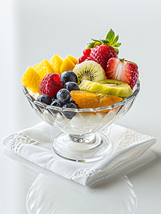 光明酸奶摄影照片_白色背景的白色餐巾纸上放有酸奶切片水果的玻璃碗