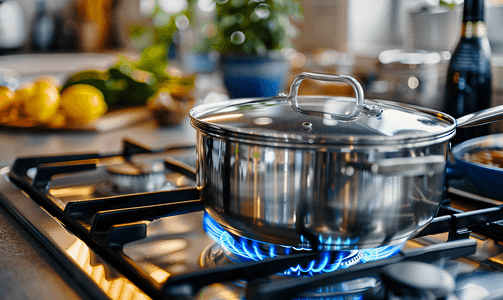 在厨房的燃气灶上用煎锅和锅烹饪食物家庭烹饪概念