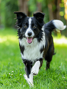 边境牧羊犬在草坪上玩耍和奔跑