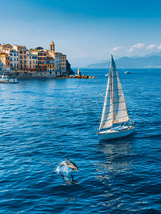 意大利热那亚镇背景中条纹海豚在海外帆船附近跳跃