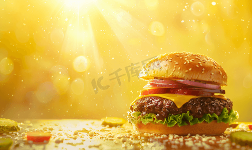 婚礼图标喜字摄影照片_黄色抽象光线背景下的美味可口汉堡包