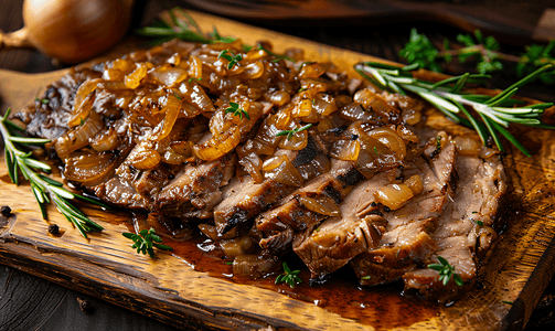 香辣肉片摄影照片_牛胸肉片配焦糖洋葱