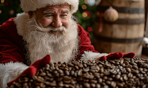 烘焙机摄影照片_圣诞老人坐在棕色烘焙咖啡豆中间