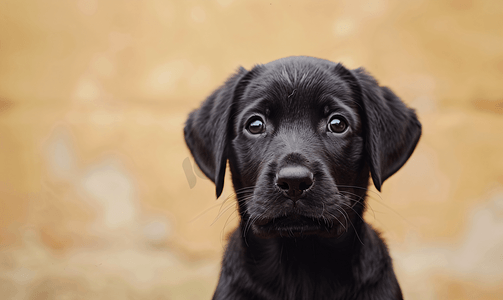 米色背景中一只黑色拉布拉多猎犬小狗的画像