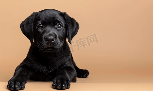卡通蓝色的背景摄影照片_米色背景中一只黑色拉布拉多猎犬小狗的画像