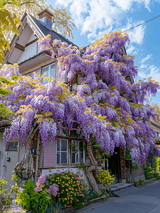 紫藤花卉摄影照片_阳光明媚的日子里盛开的紫藤树覆盖着一座房子