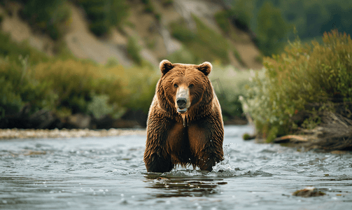 俄罗斯棕熊摄影照片_堪察加棕熊站在河里