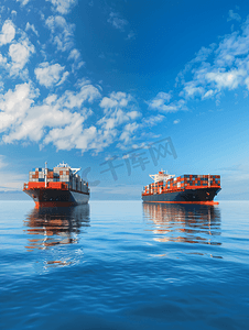 进口美妆摄影照片_蓝色大海上的大型集装箱船和冷藏船
