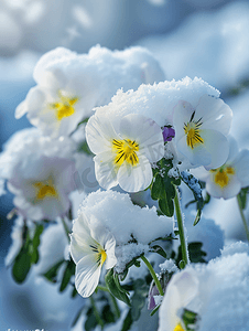 冬春假后被雪覆盖的花朵的形象