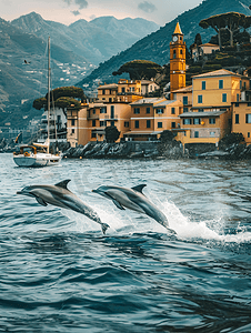 意大利热那亚镇背景中条纹海豚在海外帆船附近跳跃