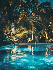 棕榈树热带花园夜间照明游泳池的印象