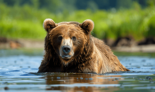 夏天湖上的堪察加棕熊