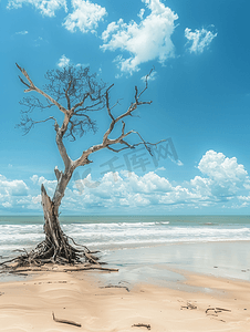 巴西一望无际的荒凉海滩上白天一棵搁浅的老树的照片