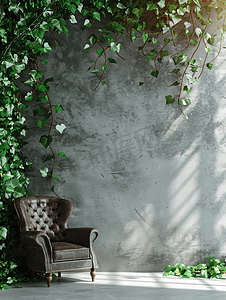 空混凝土墙上带皮革扶手椅的绿色植物墙背景