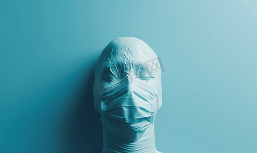 呼吸隔离摄影照片_蓝色背景中的白色面罩保护呼吸系统隔离