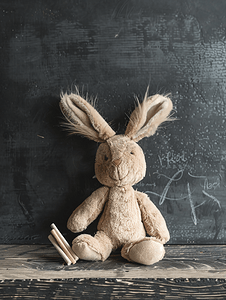 黑色粉笔板上的米色毛绒兔子玩具长耳朵爪子上沾着白色粉笔
