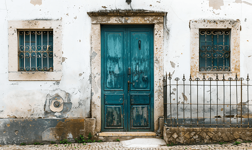 葡萄牙传统房屋旧蓝绿色前门带金属栅栏