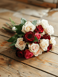 木地板上摆放着红色和奶油色玫瑰的婚礼花束