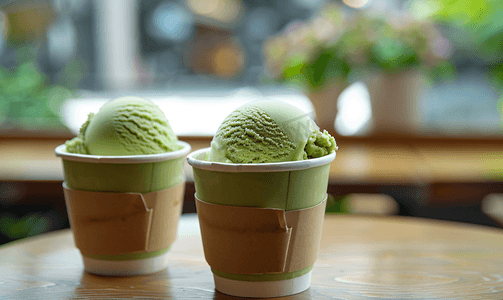 咖啡馆里的绿茶和咖啡冰淇淋纸杯