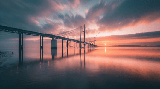 铁马大桥背景图片_都市风光夕阳下的海湾跨海大桥背景图片