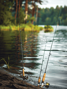 湖岸上的钓鱼竿