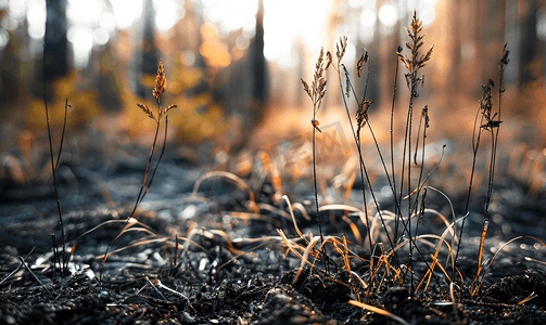 森林火灾后烧焦的草草被烧成灰烬背景模糊