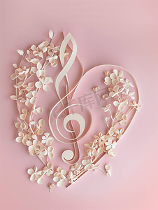 粉红色背景上纸质音乐谱号心和干花的顶视图