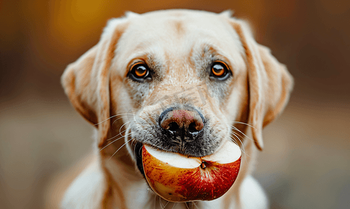 mg文字片头摄影照片_鼻子上挂着一片苹果的拉布拉多猎犬的肖像