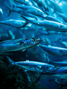 咸水杂鱼煲摄影照片_梭鱼群在深蓝色的大海中近距离