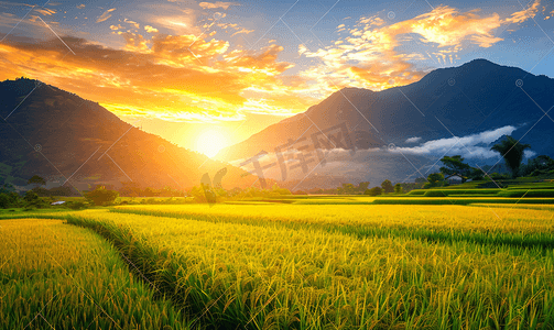 日出时的亚洲风景在山和稻田上
