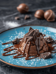 蓝色盘子上的巧克力火山甜点旁边是黑色背景的冰淇淋