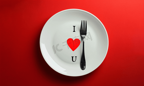 红色背景上白色盘子上叉子上写着“我爱你”