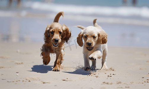 和动物玩耍摄影照片_年轻的狗小狗在海滩上玩耍西班牙猎犬可卡犬和猎犬