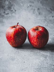 灰色混凝土背景上两个丑陋的红苹果的特写