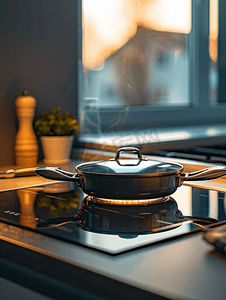 电磁炉炒菜摄影照片_带烹饪锅的电磁炉现代厨房用具