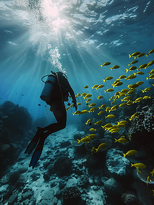 黑白条纹气球摄影照片_马尔代夫潜水时的水肺潜水员剪影和黄鲷鱼群